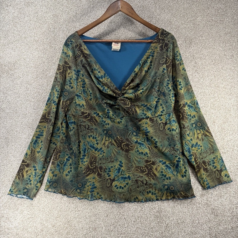Faded Glory Y2K Knot Front Top 22/24W V Neck Green Fairy Festival Whimsigoth Vtg